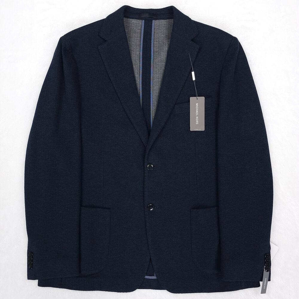 Michael Kors Mens Classic Fit Sport Coat 44R Midnight Navy Zig Zag Stretch Knit